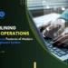 The image shows a person working on a laptop.
